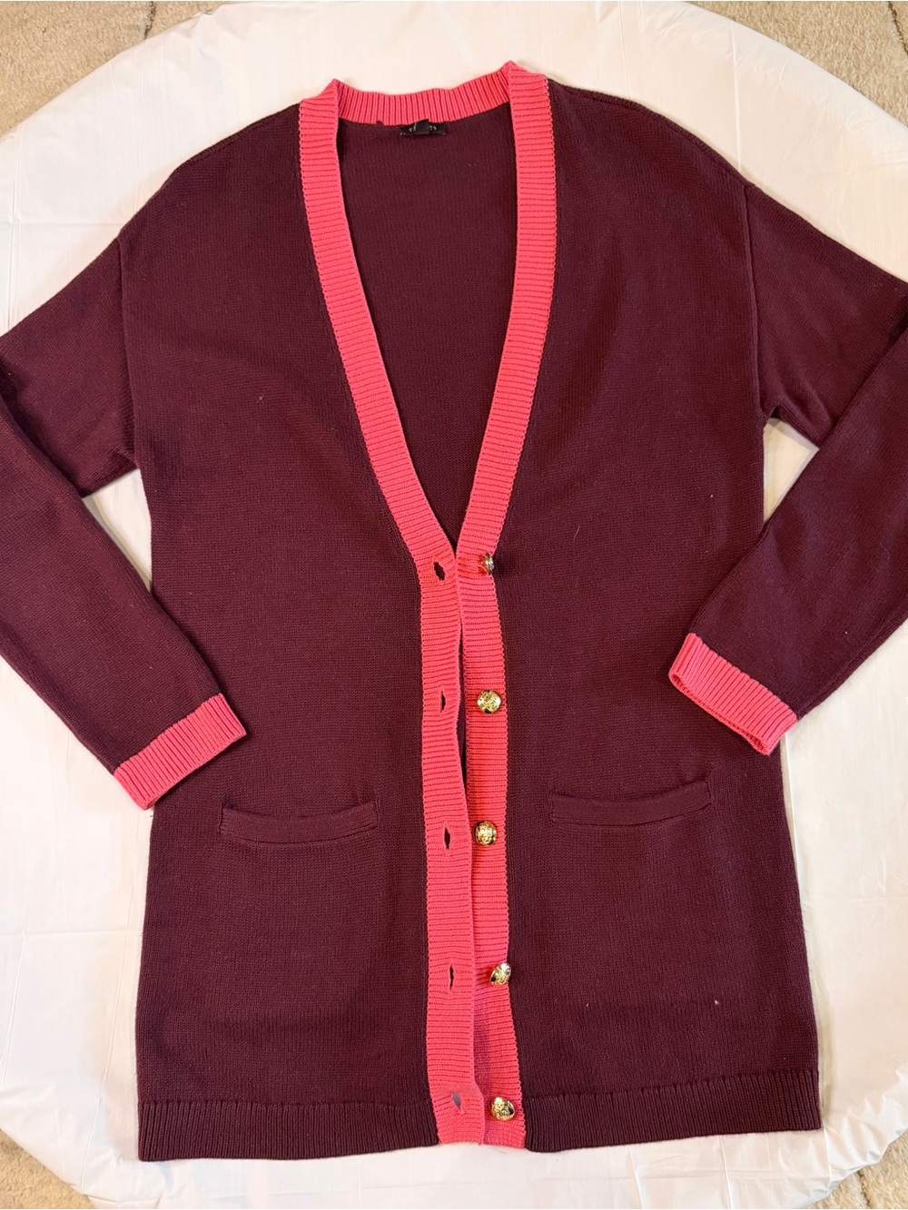 Talbots Women’s M Burgundy Cardigan Sweater Pink Trim Gold Buttons Longline